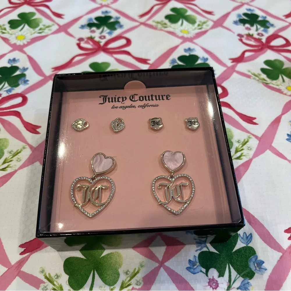 Juicy Couture Set of 3 Earrings (JC Hearts, Shields and Keyholes) New in Box - Picture 1 of 16
